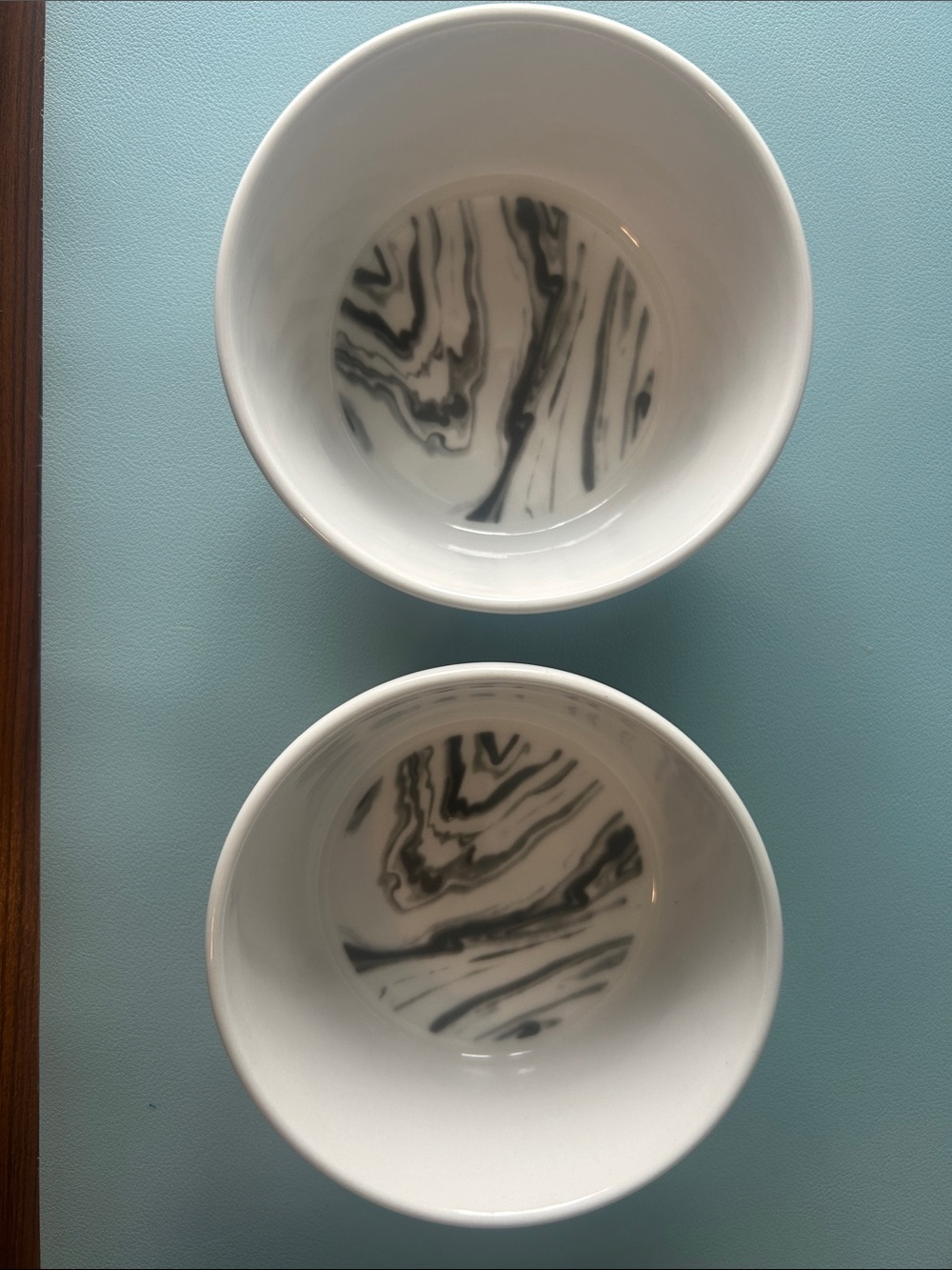 2 Bow Wow Meow Small Pet Bowls Ceramic Dog or Cat Dishes 4.5” Marble White Gray